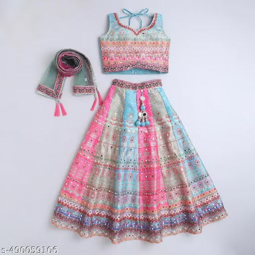 KIDS Printed Mirror Work Lehenga & Blouse With Dupatta