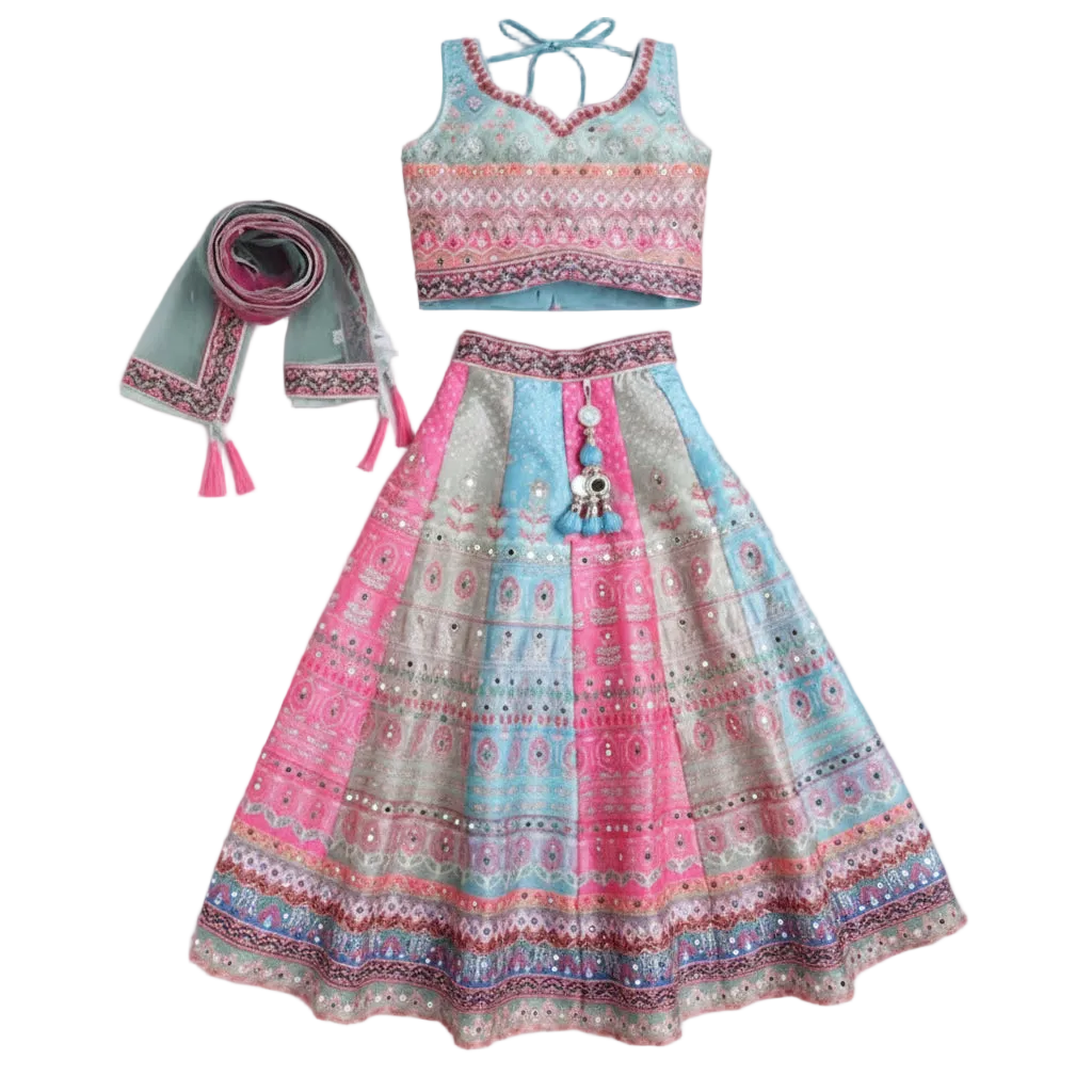 KIDS Printed Mirror Work Lehenga & Blouse With Dupatta