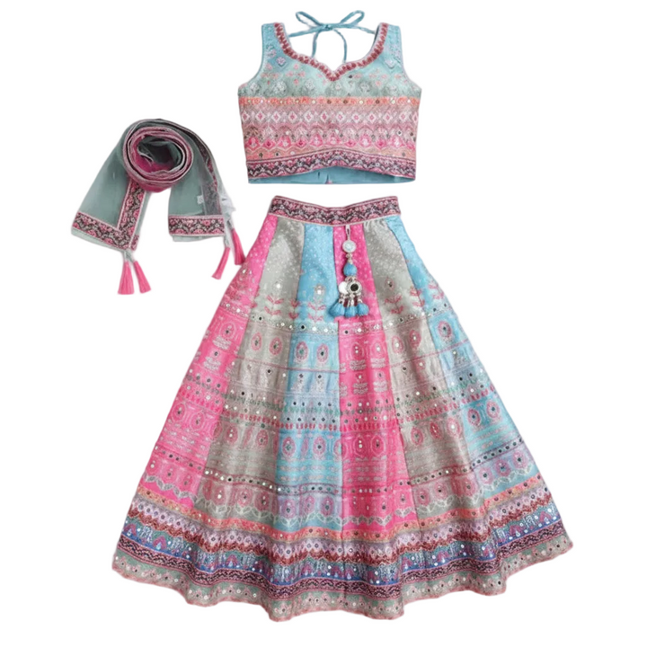 KIDS Printed Mirror Work Lehenga & Blouse With Dupatta