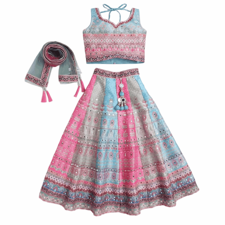 KIDS Printed Mirror Work Lehenga & Blouse With Dupatta