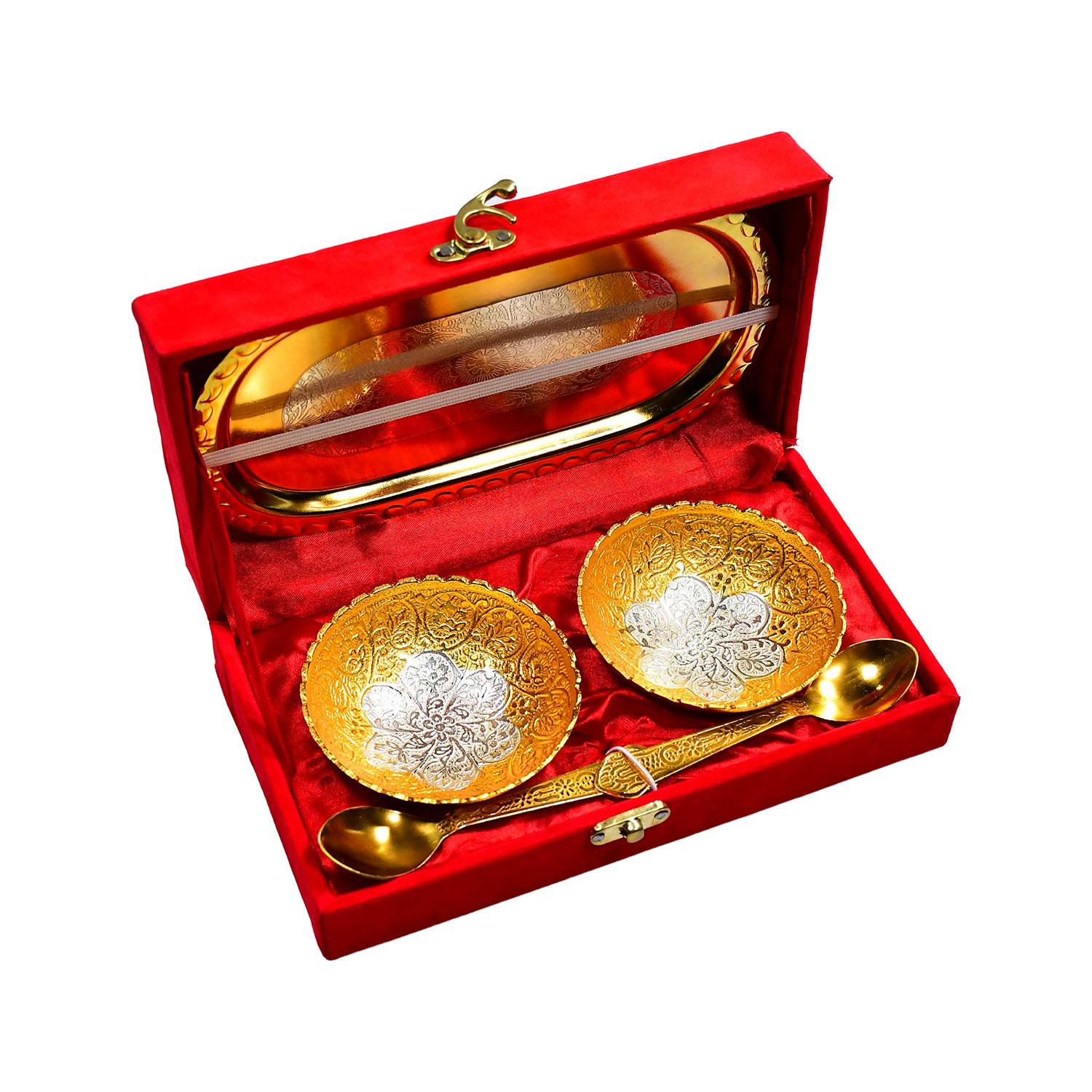 2 Bowl 2 Spoon Tray Set Brass With Red Velvet Gift Box Serving Dry Fruits Desserts Gift