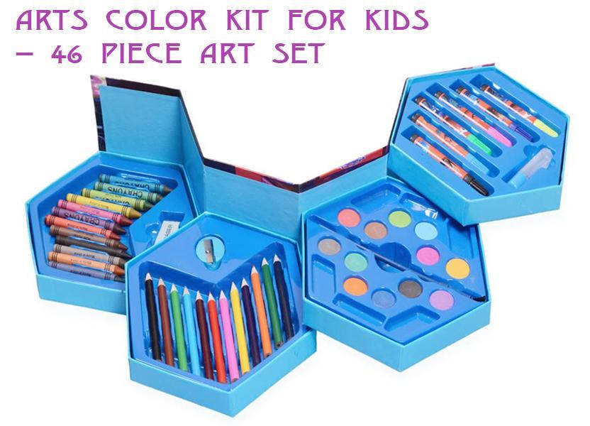 Kids art coloring kit with 46 pieces including crayons, markers, and paints for creative fun