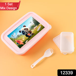 Kids cartoon lunch box featuring a playful panda design with a fork and removable compartment