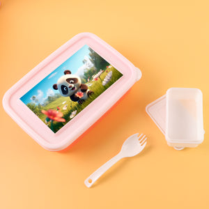 Kids cartoon lunch box featuring a playful panda design with a fork and separate compartment