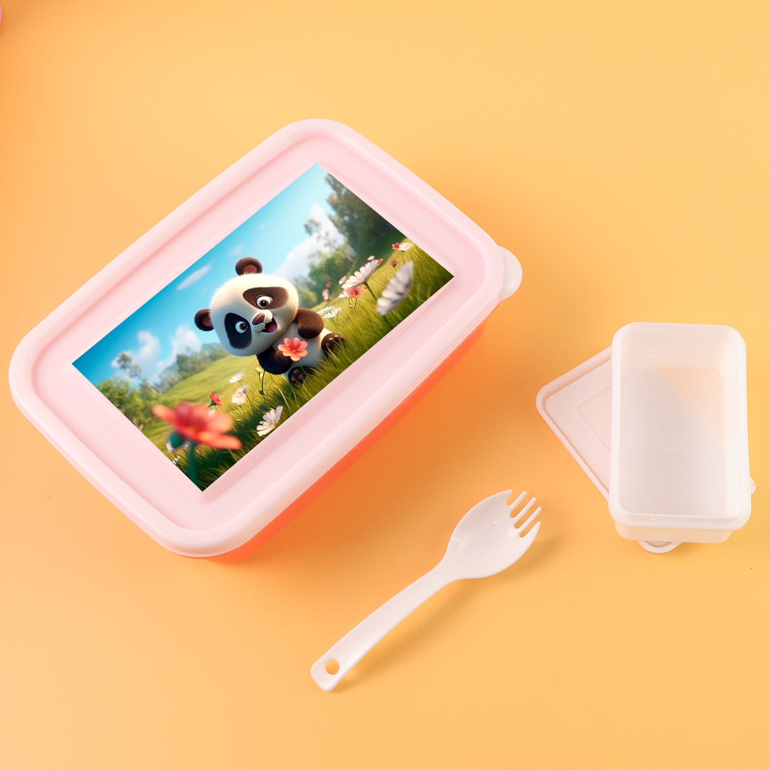 Kids cartoon lunch box featuring a playful panda design with a fork and separate compartment