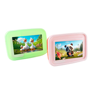 Set of two kids cartoon lunch boxes in green and pink featuring adorable animal designs