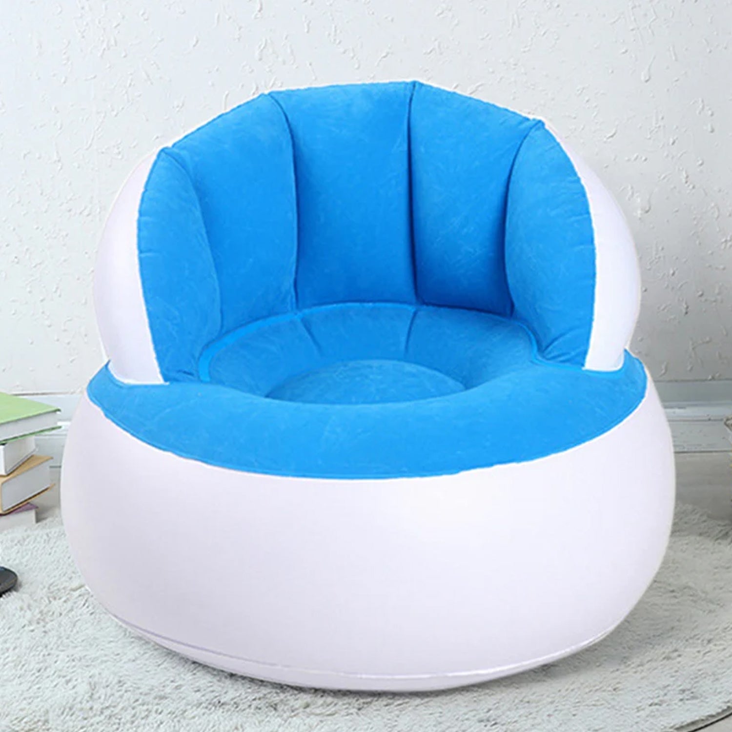 Kids inflatable sofa chair in blue and white design for comfortable playtime seating