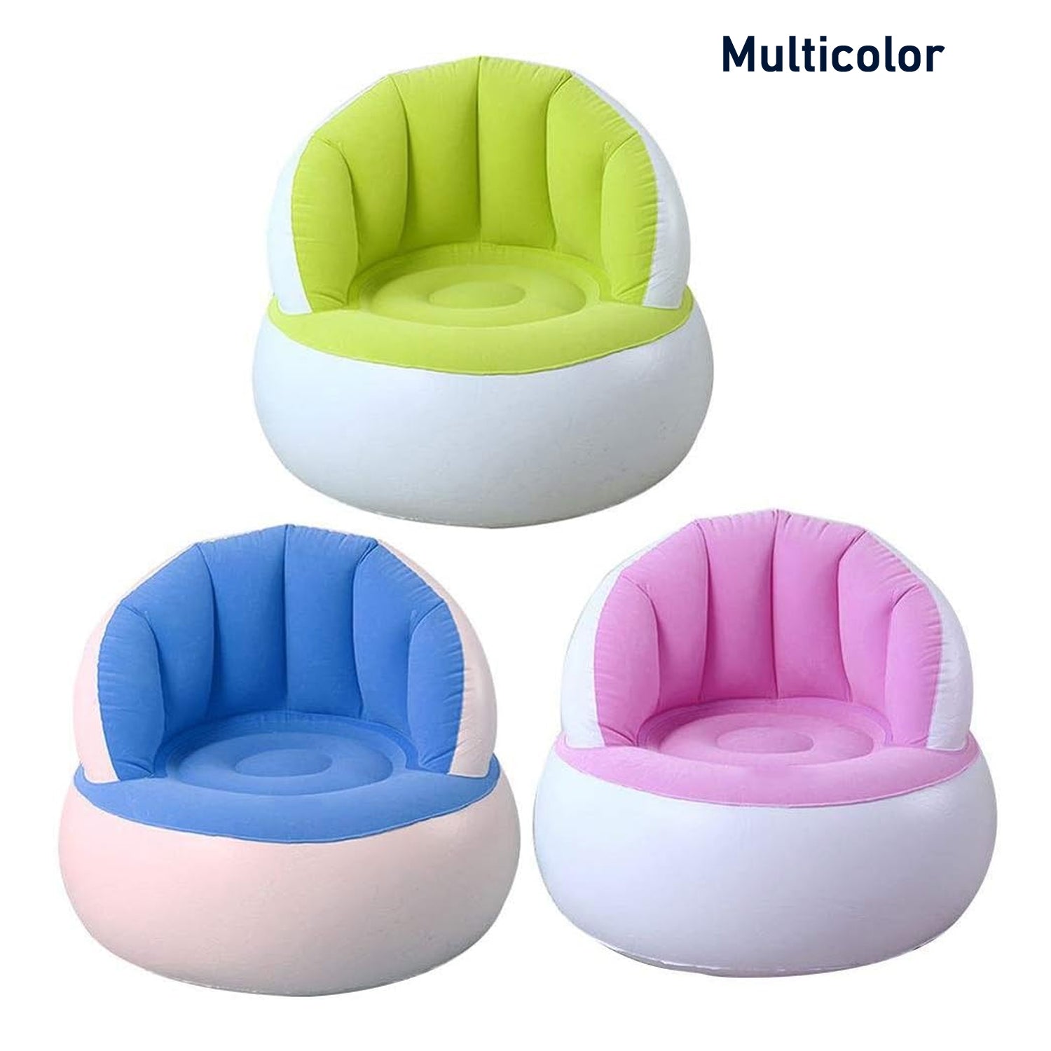 Multicolor kids inflatable sofa chair in green, blue, and pink for comfortable playtime seating