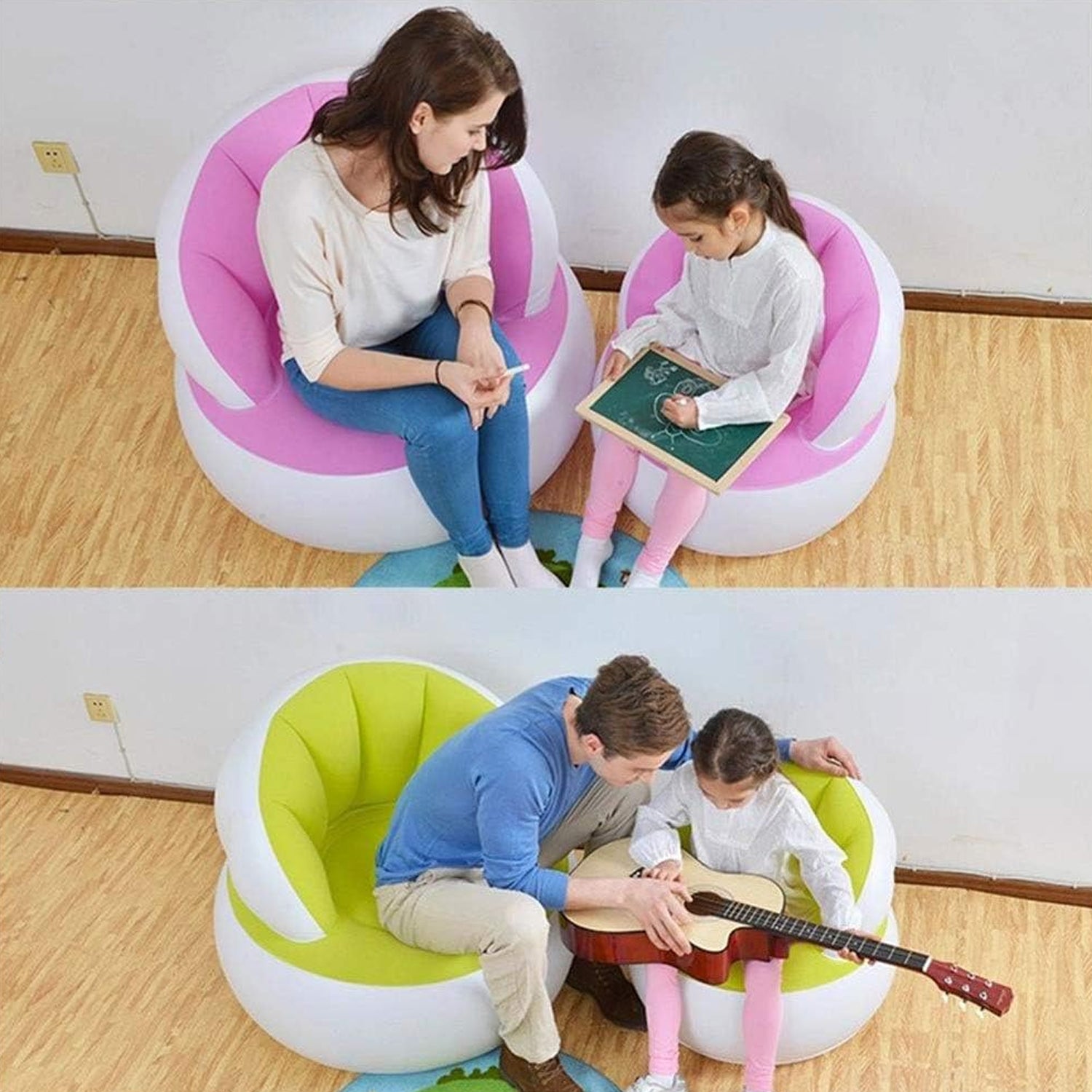 Kids inflatable sofa chair in pink and green for comfortable seating during playtime and reading