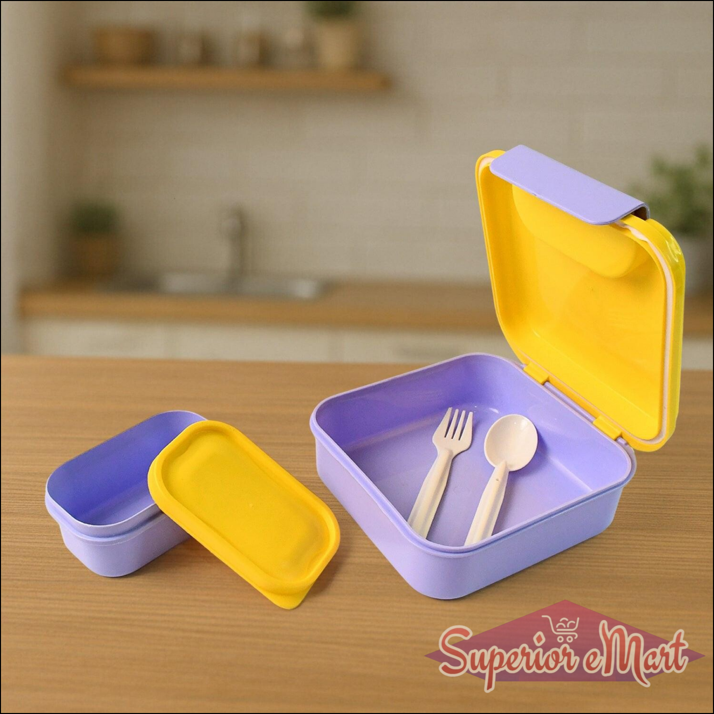 Kids Lunch Box Set With Small Inner Container Spoon Fork (1 Pc) - Superior eMart