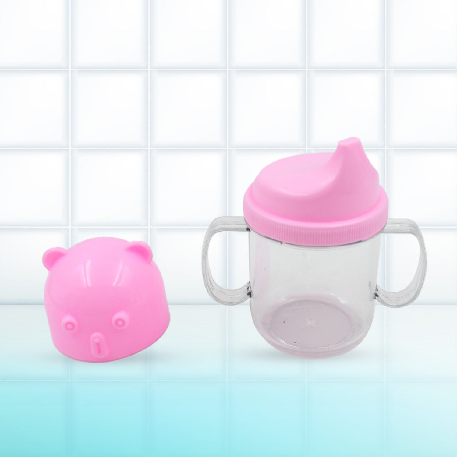 Superior eMart lightweight kids mug in pink with animal-shaped lid and easy-grip handles