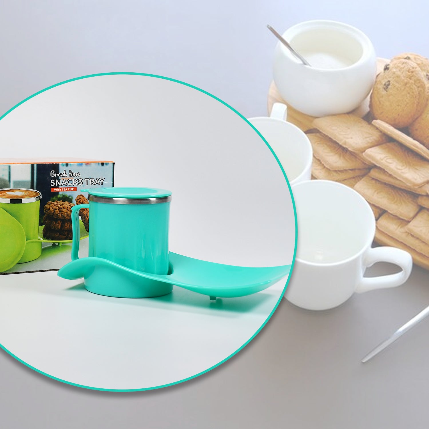 Kids snack tray with steel cup in turquoise color, ideal for serving snacks and treats