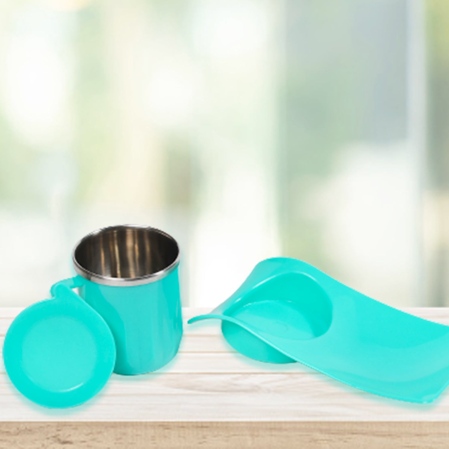 Kids snack tray with steel cup in turquoise color for fun and easy meal times