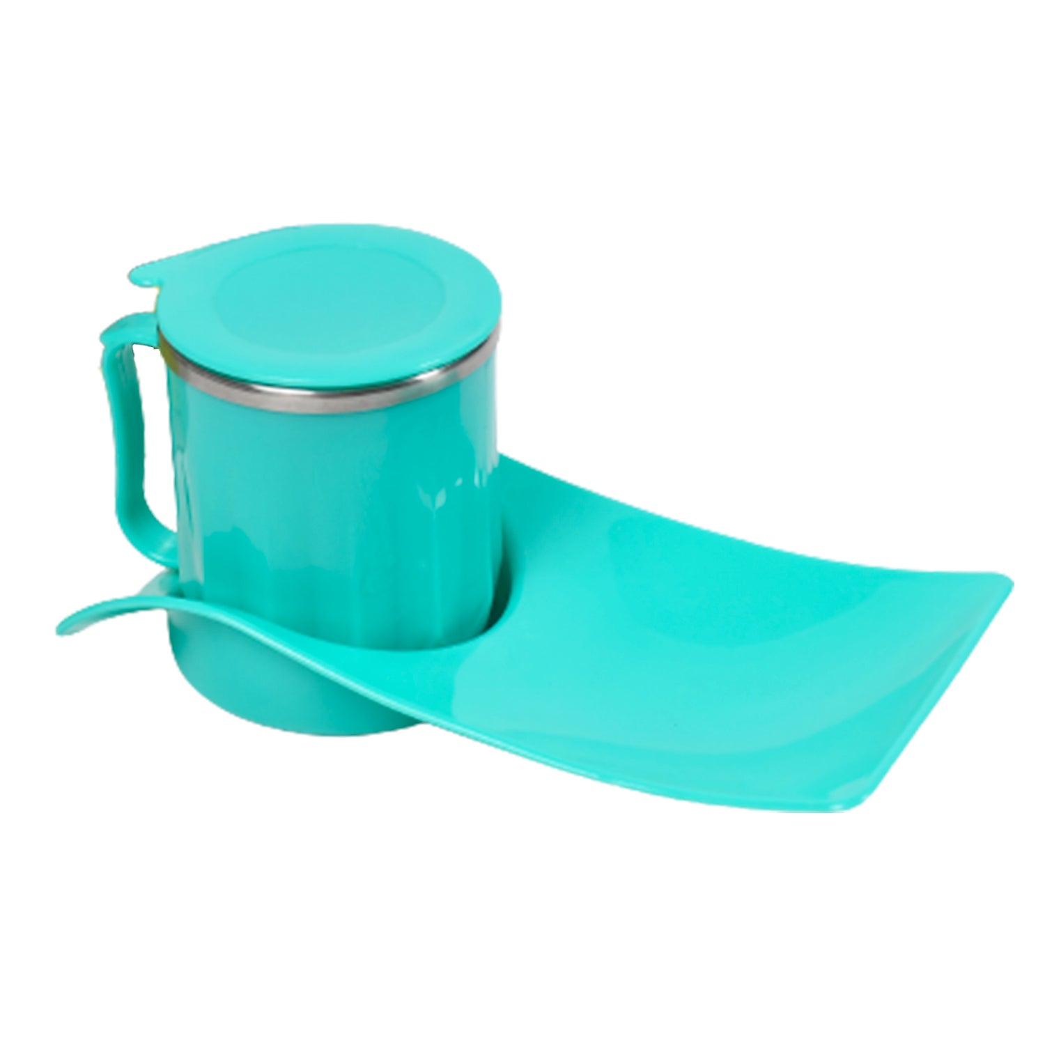 Kids snack tray with steel cup in turquoise for easy meal times and snacks on the go