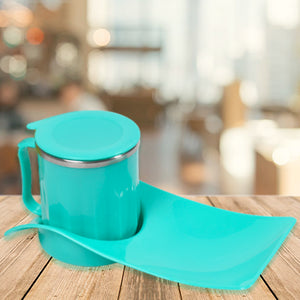 Bright turquoise kids snack tray with steel cup for easy snack time at home or on the go