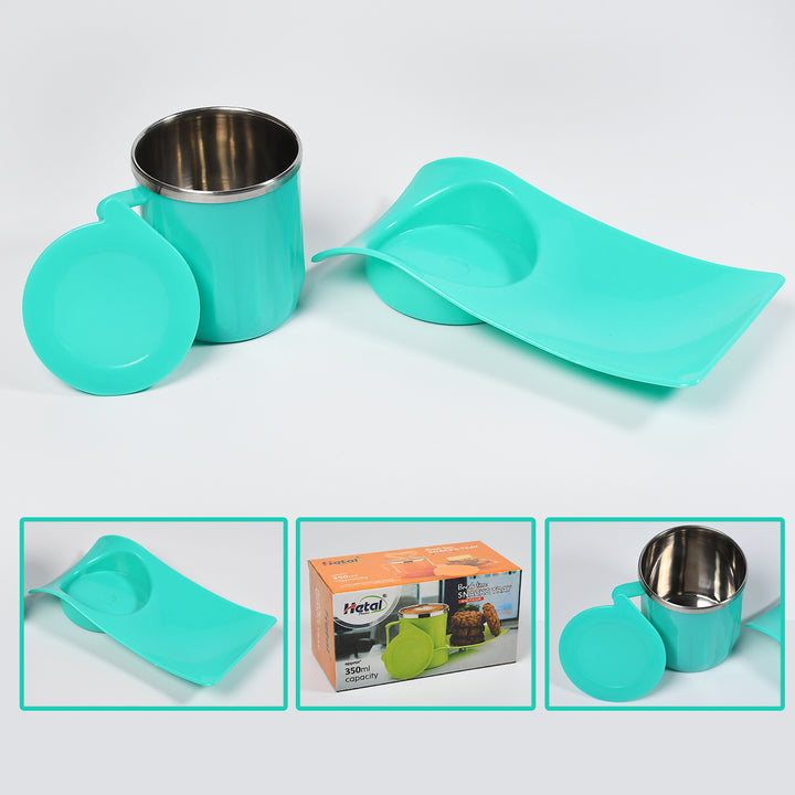 Kids snack tray with steel cup in bright turquoise color, perfect for serving snacks and drinks