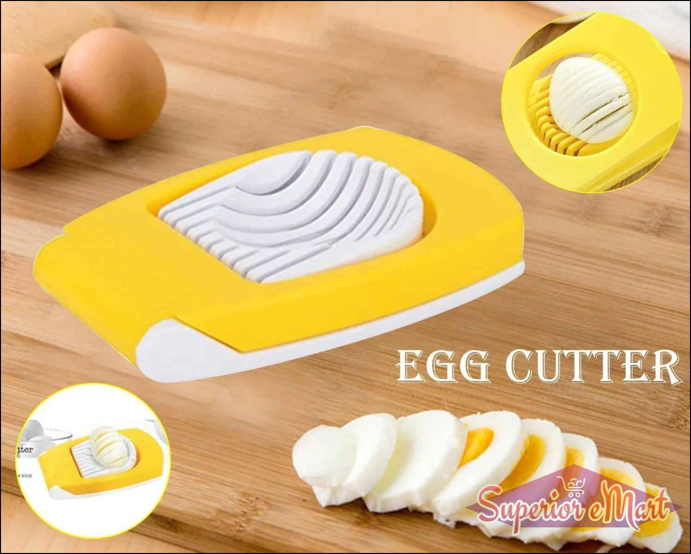 Yellow kitchen egg slicer with curved blades for evenly sliced hard-boiled eggs