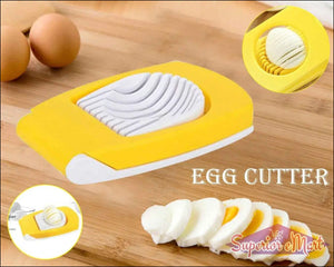 Yellow kitchen egg slicer with curved blades for evenly sliced hard-boiled eggs
