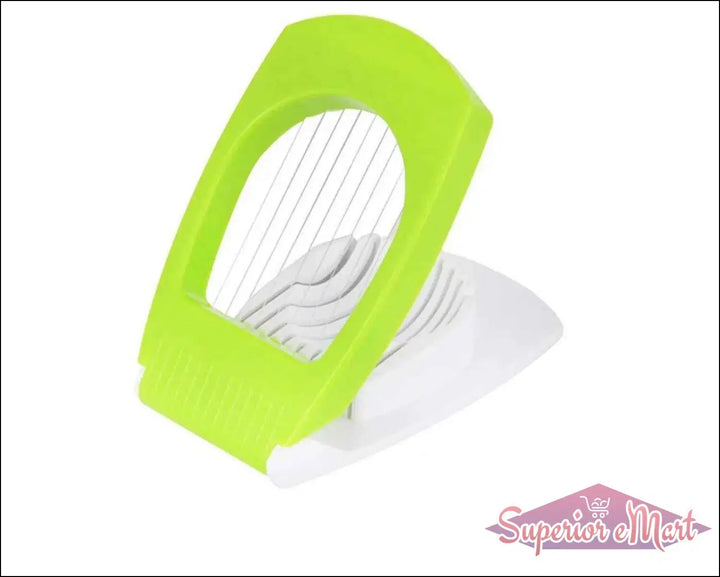 Superior eMart kitchen egg slicer with a green handle and stainless steel wires for perfectly sliced eggs