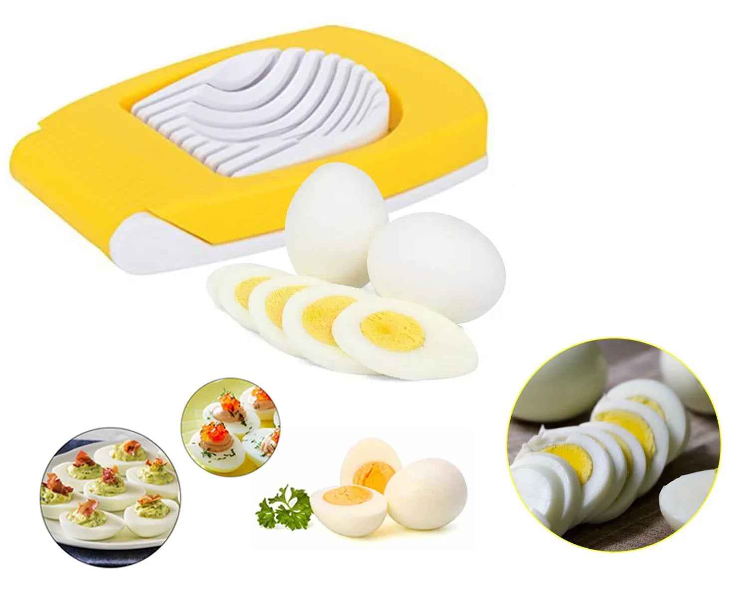 Yellow kitchen egg slicer with evenly sliced hard-boiled eggs and serving suggestions