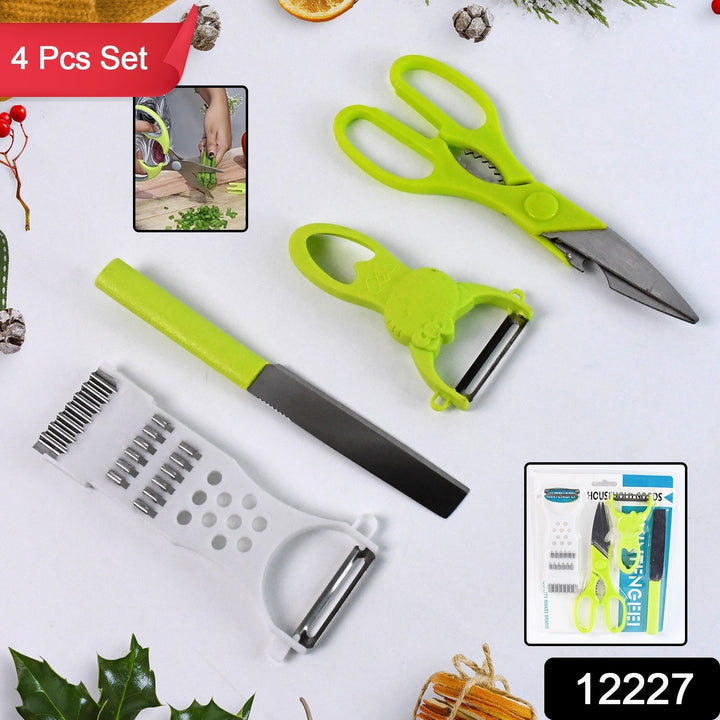 Superior eMart kitchen knife and grater combo 4 pcs set with green scissors, peelers, and multi-function grater