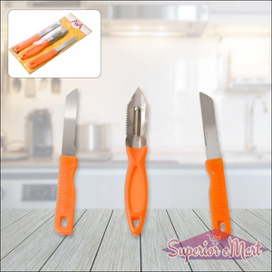 Multipurpose stainless steel kitchen knife set with orange ergonomic handles for easy cutting tasks
