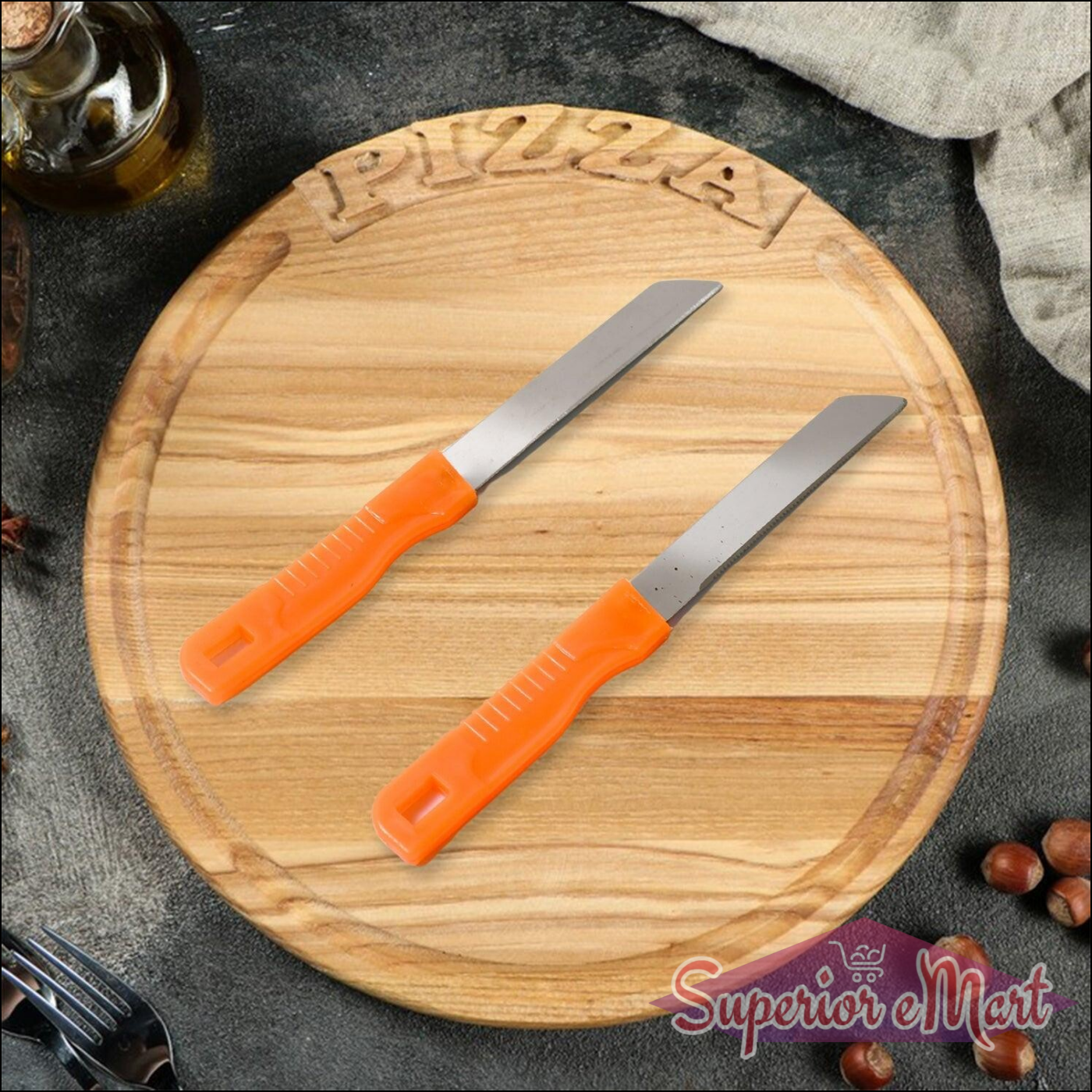 Multipurpose stainless steel kitchen knife set on a wooden pizza board with an orange handle design