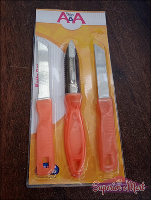 Multipurpose stainless steel kitchen knife set with ergonomic orange handles for versatile cooking tasks