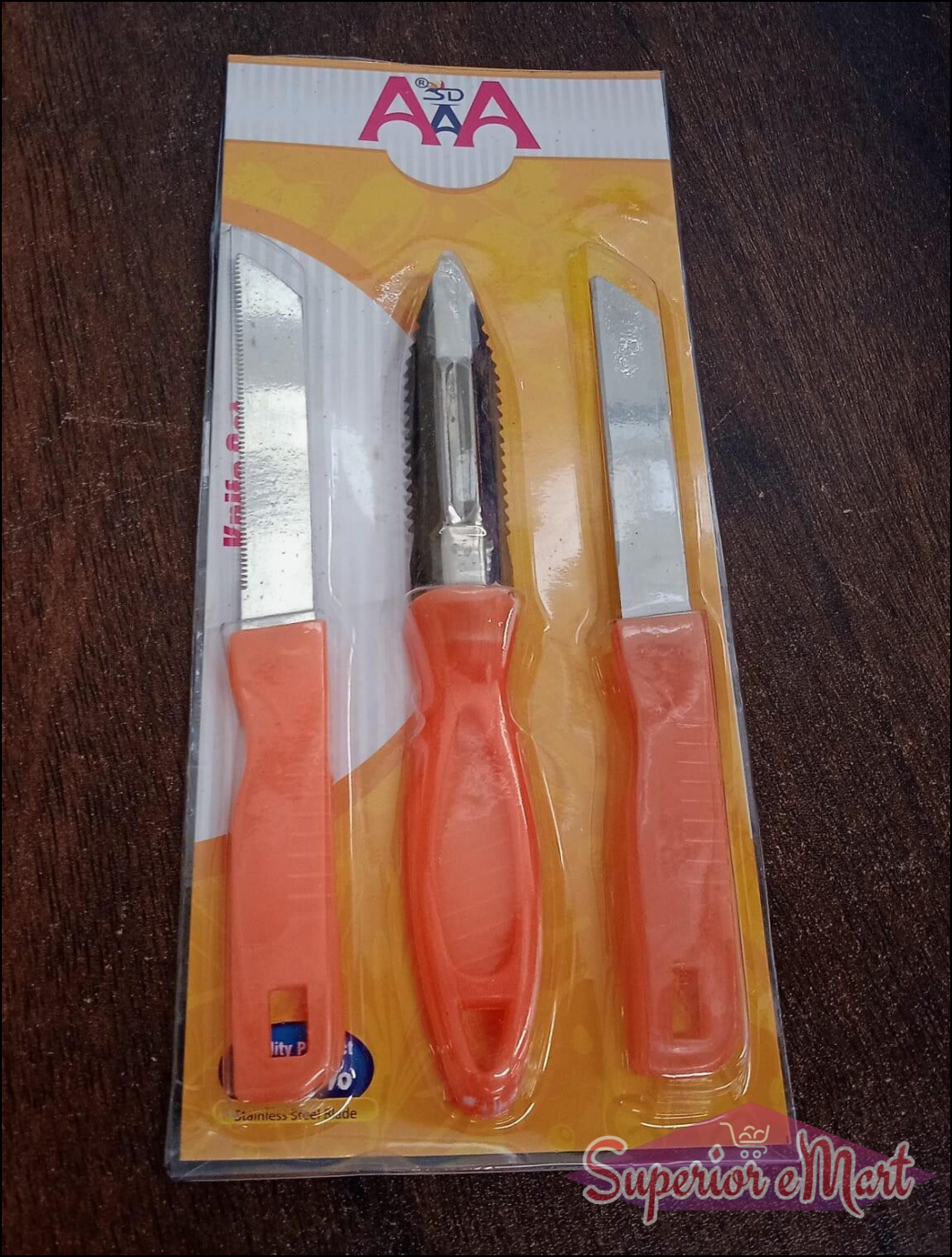 Multipurpose stainless steel kitchen knife set with ergonomic orange handles for versatile cooking tasks