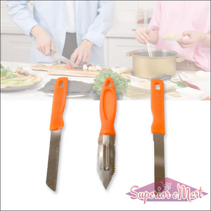 Multipurpose stainless steel kitchen knife set with ergonomic orange handles for versatile cooking tasks