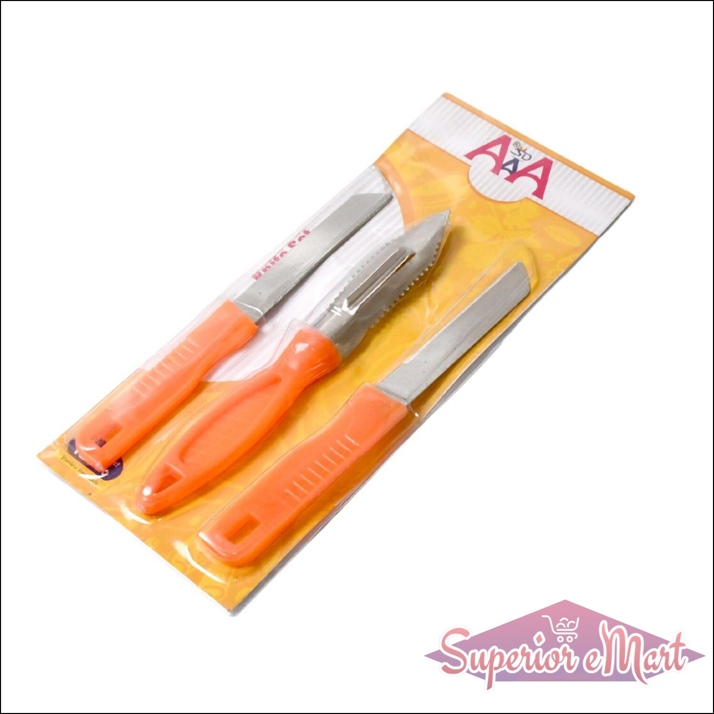 Multipurpose stainless steel kitchen knife set with ergonomic orange handles for easy cooking tasks