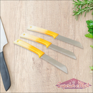 Set of three stainless steel kitchen knives with ergonomic yellow handles for easy cutting and slicing