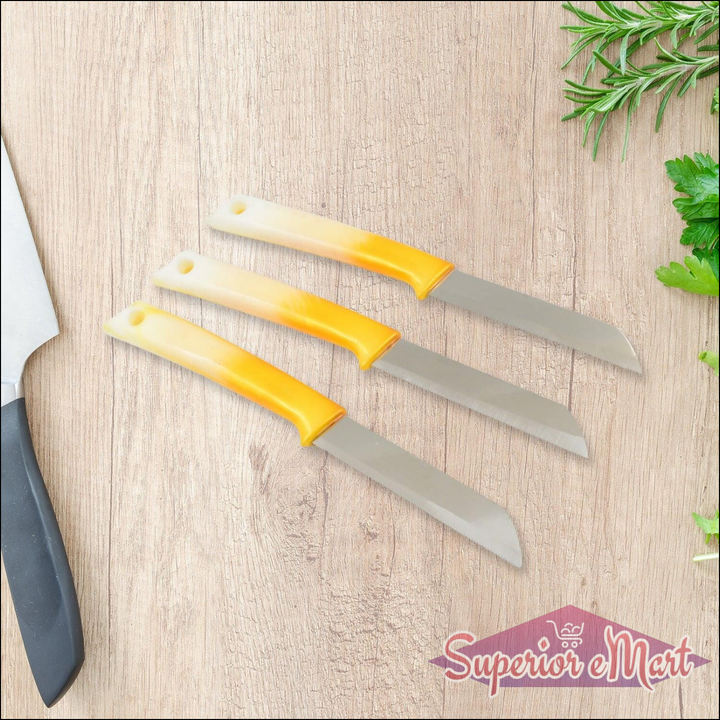 Set of three stainless steel kitchen knives with ergonomic yellow handles for easy cutting and slicing