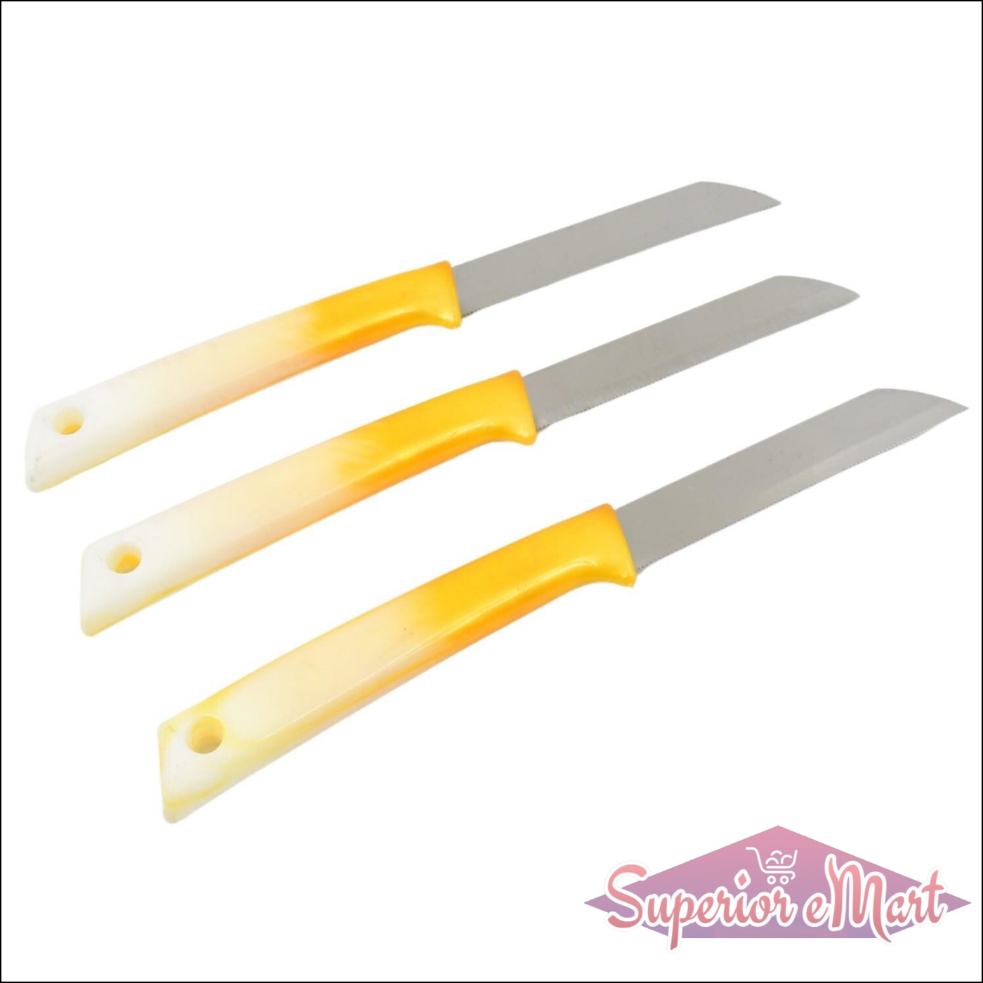 Set of three stainless steel kitchen knives with ergonomic yellow handles for easy slicing