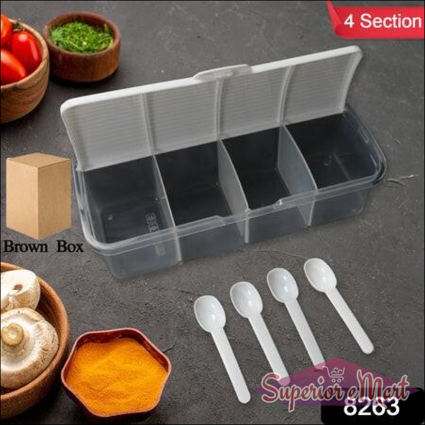 Airtight kitchen storage container with four sections and measuring spoons for organized food storage
