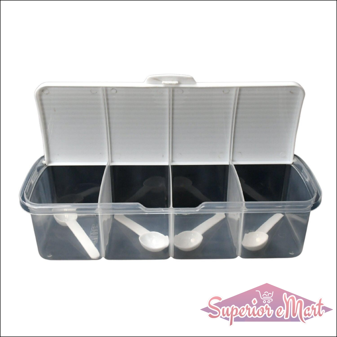 Airtight kitchen storage container with four compartments and white lids for organized food storage