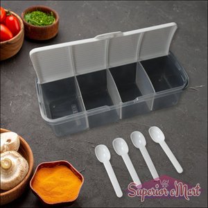 Airtight kitchen storage container with divided sections and measuring spoons for organizing spices