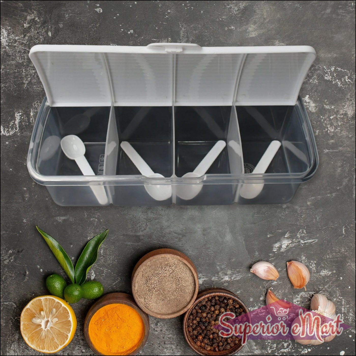Superior eMart airtight kitchen storage container with divided sections and measuring spoons for organized storage