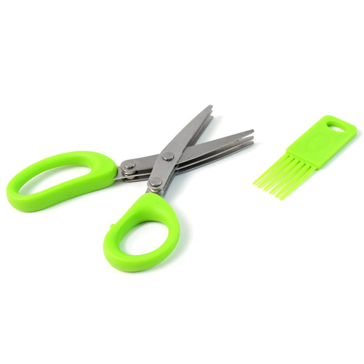 Green multipurpose kitchen scissors with ergonomic handles and a cleaning comb for versatile kitchen use