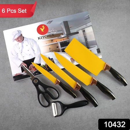 Professional kitchen knife set with yellow handles, includes various knives, scissors, and peeler for culinary tasks