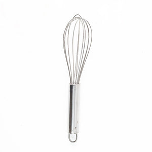 Small stainless steel balloon whisk with a sleek design for easy mixing and whipping in the kitchen