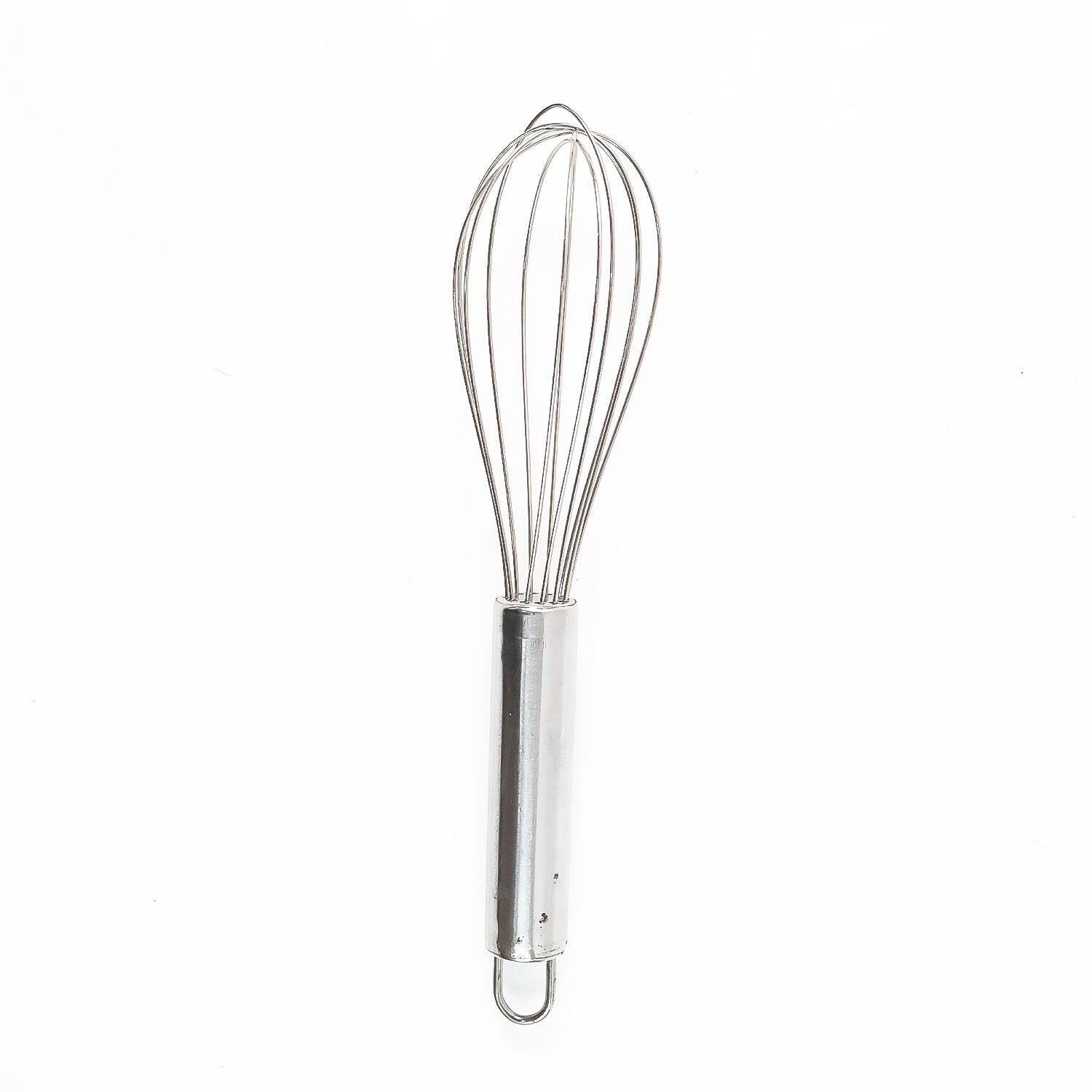 Small stainless steel balloon whisk with a sleek design for easy mixing and whipping in the kitchen