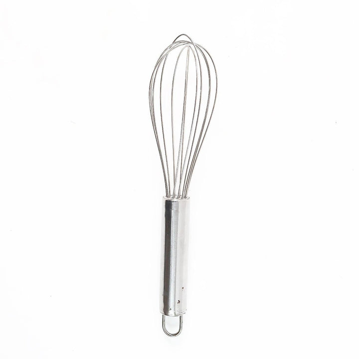 Small stainless steel balloon whisk with a sleek design for easy mixing and whipping in the kitchen