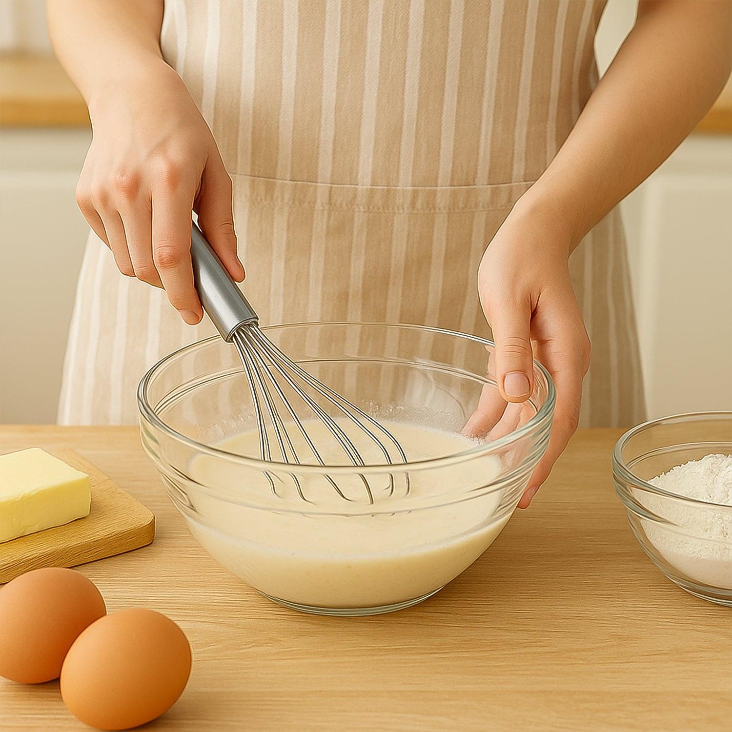 A person using a small stainless steel balloon whisk to mix batter in a glass bowl on a kitchen countertop