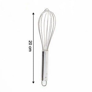 Small stainless steel balloon whisk measuring 20 cm, ideal for mixing and whipping ingredients