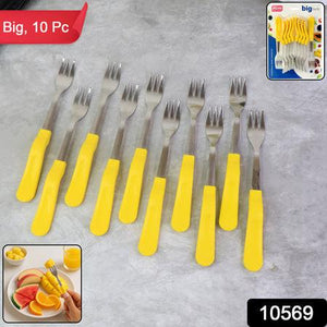 Stainless steel big fork set with yellow handles, perfect for serving appetizers and desserts