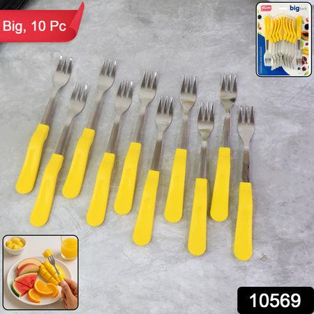 Stainless steel big fork set with yellow handles, perfect for serving appetizers and desserts