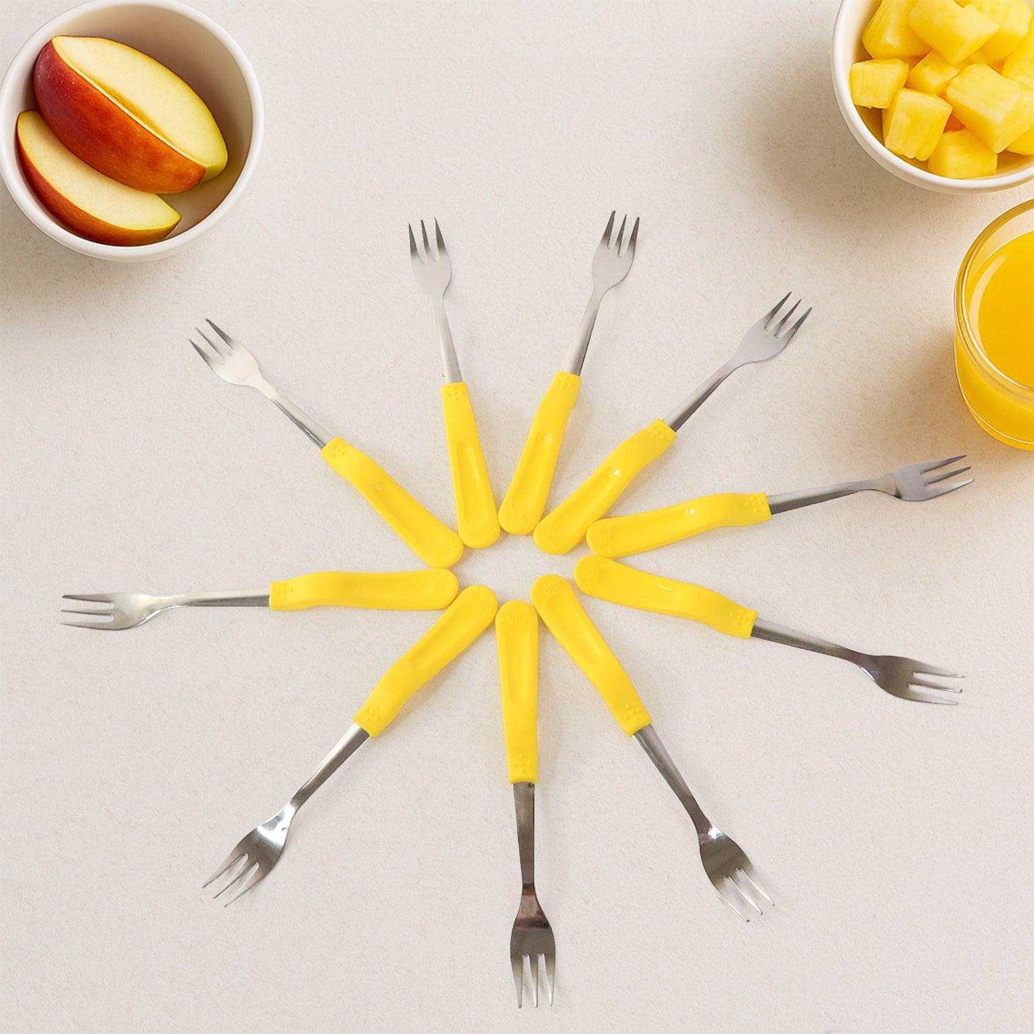 Superior eMart stainless steel big fork set with yellow handles, perfect for serving fruit and appetizers