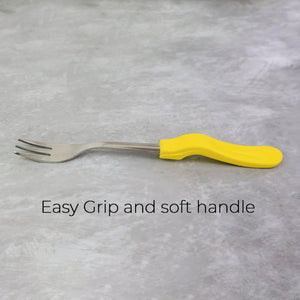 Stainless steel big fork set with easy grip yellow handle for comfortable use in the kitchen