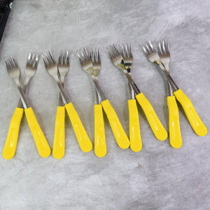 Set of stainless steel big fork set with yellow handles for everyday dining use
